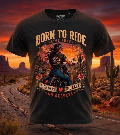 Born To Ride Vintage Desert Biker Graphic Tee | Highway Rebel Edition
