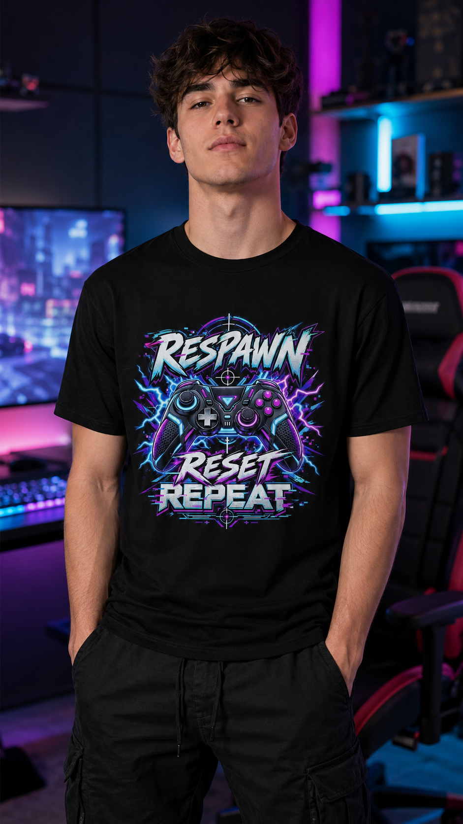 Respawn Reset Repeat Gaming T-Shirt – Neon Gamer Graphic Tee