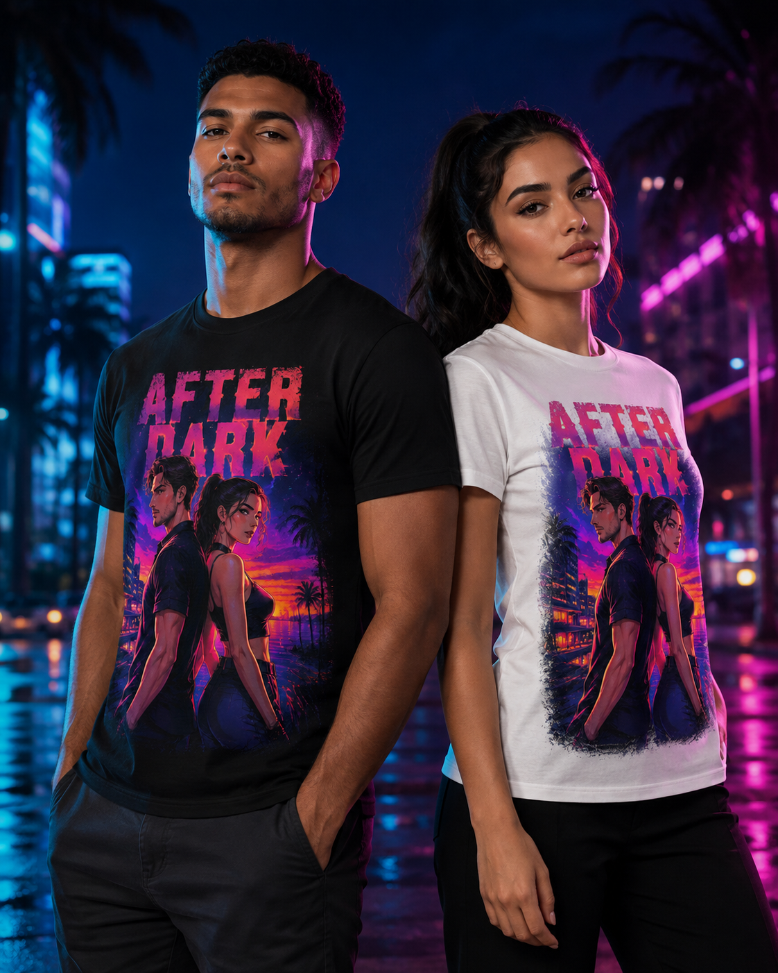 Male and female models wearing black and white After Dark neon graphic T-shirts