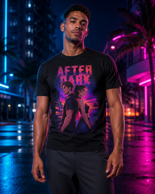 Male model wearing black After Dark neon 