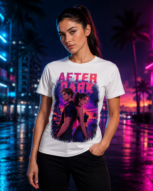 Female model wearing white After Dark neon graphic T-shirt